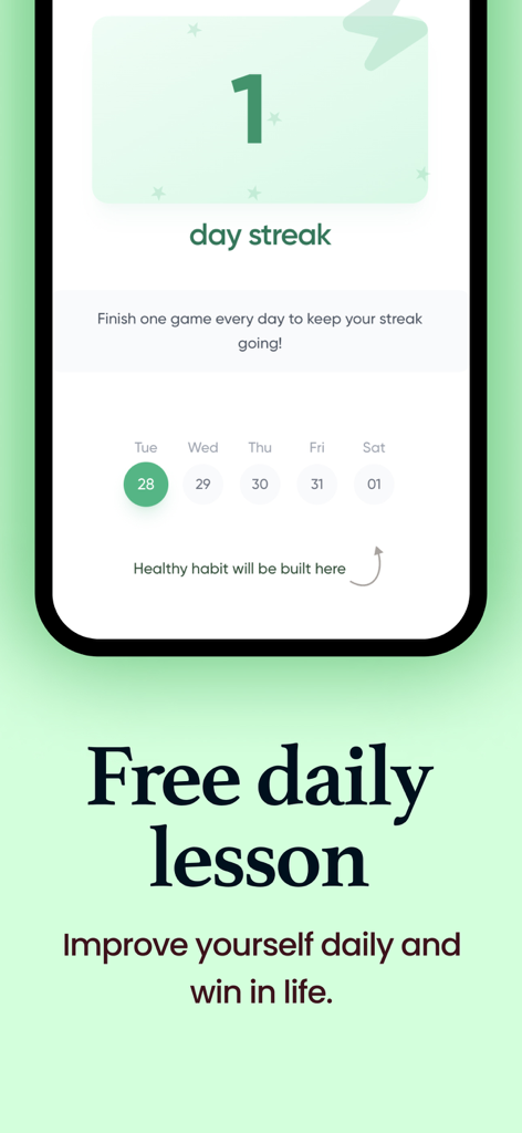 Interface d'application mobile montrant une série d'un jour et une leçon quotidienne gratuite pour la formation aux compétences en communication.