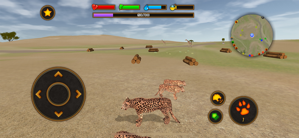 A group of leopards in a 3D open world safari environment with a game interface showing RPG controls and health bars.