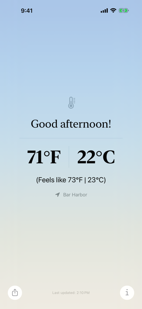 40 Below - 40 Below天気アプリのスクリーンショットで、現在の温度が華氏と摂氏（セルシウス）で同時に表示されています。