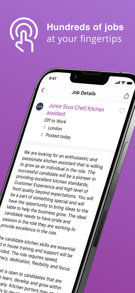 런던의 주니어 부주방장 및 주방 보조 직책에 대한 세부 정보를 보여주는 Caterer 앱의 스크린샷