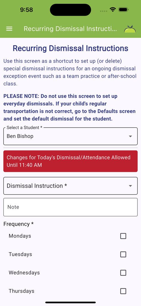 School Dismissal Manager (SDM) - Recurring dismissal instructions screen in the School Dismissal Manager app showing student selection and frequency settings