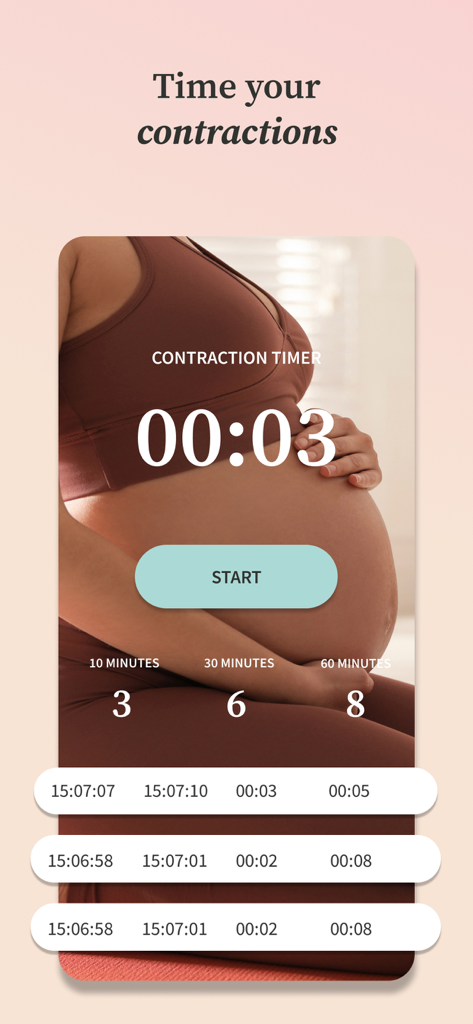 Interfaz del temporizador de contracciones en la aplicación Preglife para el seguimiento del parto