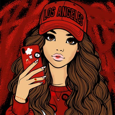 realistic beautiful girl wearing los ángeles cap holding an iphone