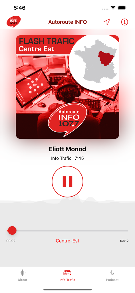 Autoroute INFO - Autoroute INFO app audio player interface for a traffic report in the Centre Est region