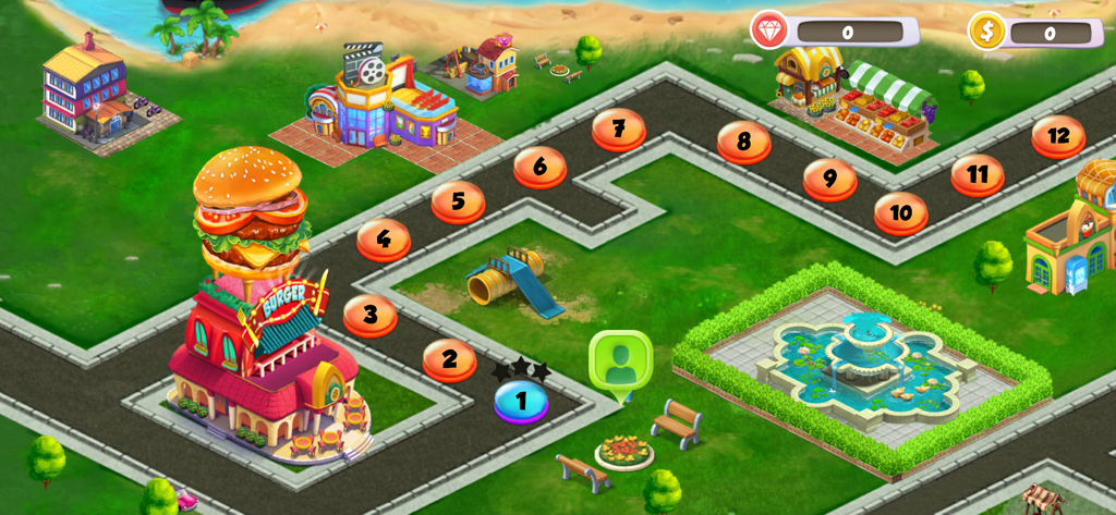 Cooking Games - Food Games - Mapa que muestra la progresión de niveles para un juego simulador de cocina de comida callejera