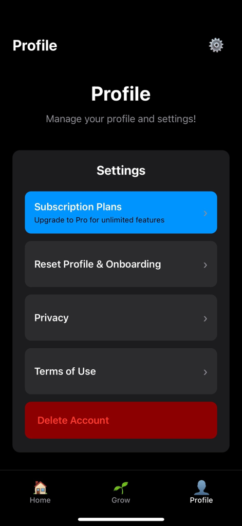 Profile settings screen of the Dih app featuring subscription plans and account management options.