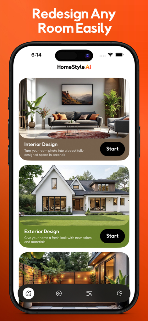 Home Style AI: Interior Design - Home Style AI App-Oberfläche mit Optionen für Innen- und Außengestaltung von Häusern