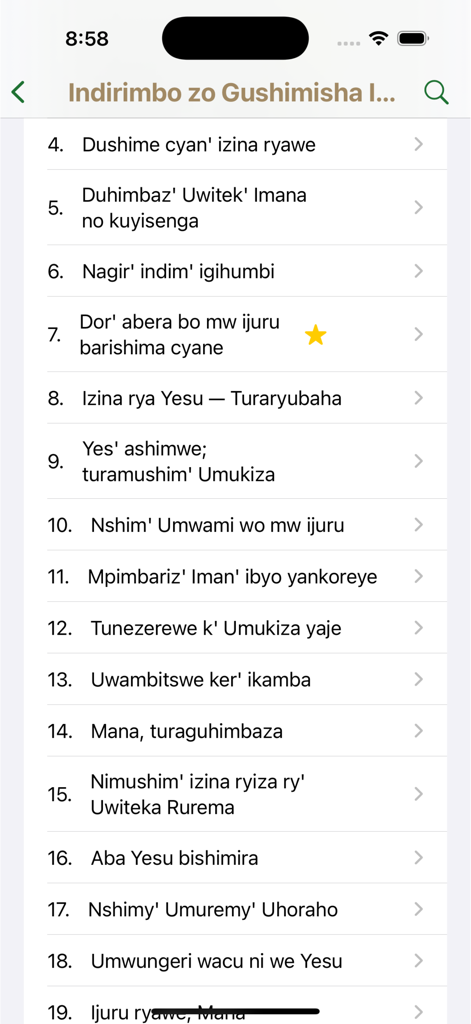 A numbered list of Kinyarwanda hymns on the Igitabo cy'Indirimbo mobile app screen.