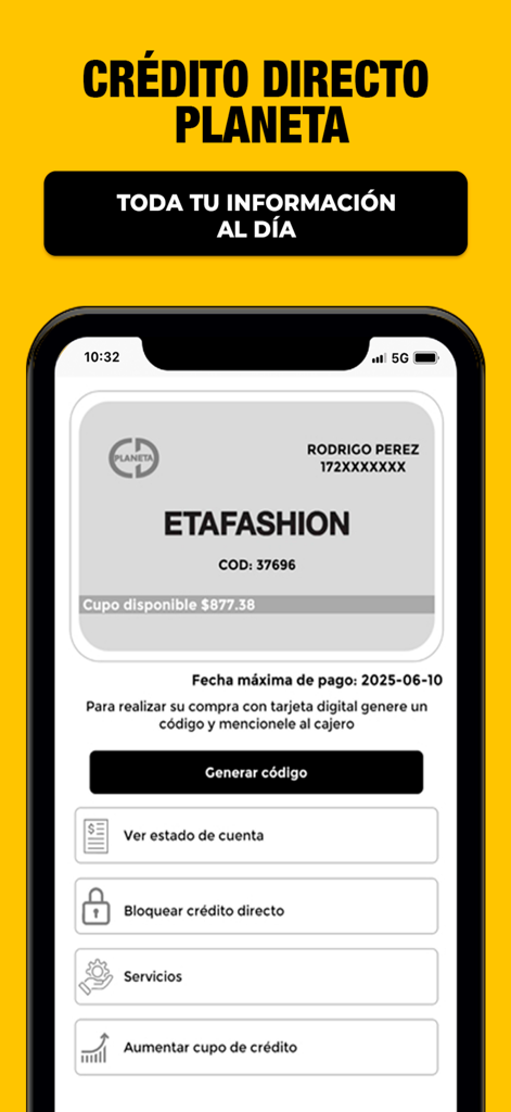 ETAFASHION - Interfaz de la aplicación móvil Etafashion mostrando detalles de la cuenta de crédito directo y opciones de gestión financiera