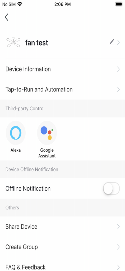 Havells DigiTap - Interfaz de la aplicación Havells DigiTap que muestra la configuración del ventilador inteligente con opciones de integración de Alexa y Google Assistant