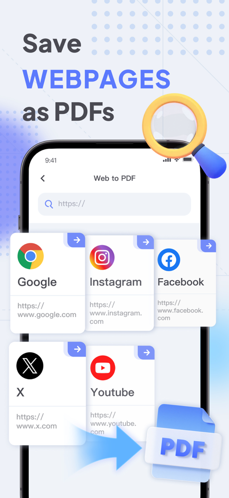 Smart PDF app interface showing options to convert webpages from Google, Instagram, Facebook, X, and Youtube into PDF documents