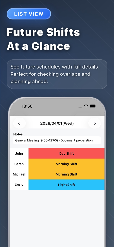 TapShift - Shift manager - Interfaccia dell'app TapShift che mostra un elenco giornaliero dei turni codificato a colori per i membri dello staff, comprese le note per una riunione generale.