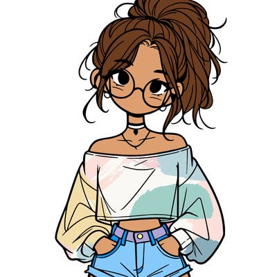 girl with a messy ponytail glasses a baggy crop top and jean shorts