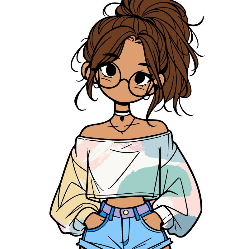 girl with a messy ponytail glasses a baggy crop top and jean shorts