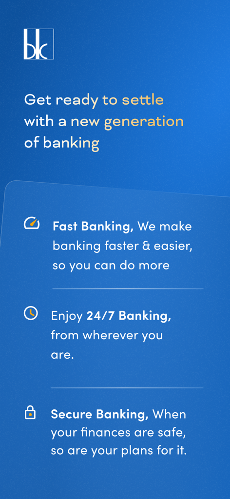 Bank of Kigali Mobile Banking - Bank of Kigali Mobile Banking app splash screen showing features like fast 24/7 and secure banking