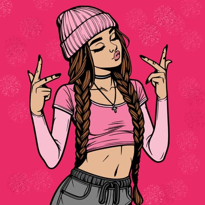 realistic teenage girl with braids and a beanie and crop top doing 🫶🏼