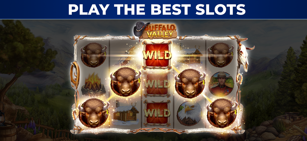 Jackpot Buffalo Slots - Jugabilidad de Jackpot Buffalo Slots mostrando símbolos de búfalo e iconos salvajes en una máquina temática de Buffalo Valley