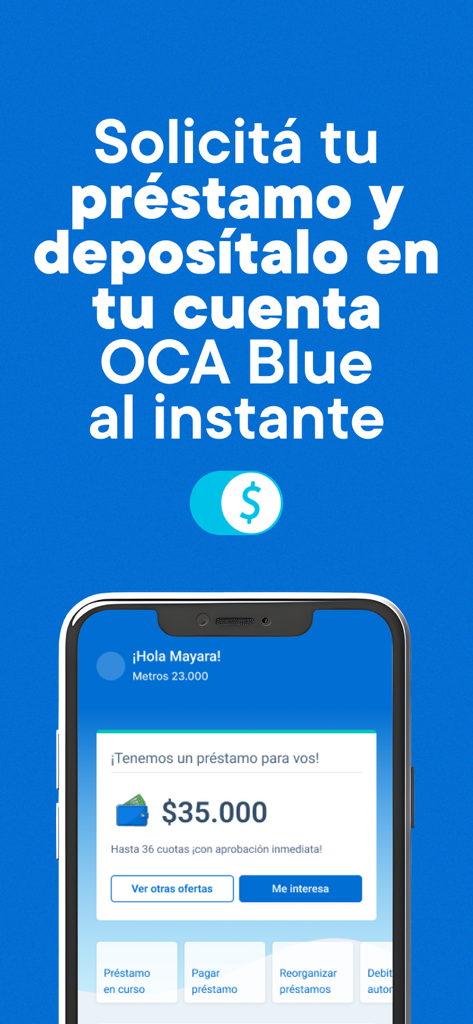 Interface of the OCA mobile app showing an instant loan offer for the OCA Blue account.