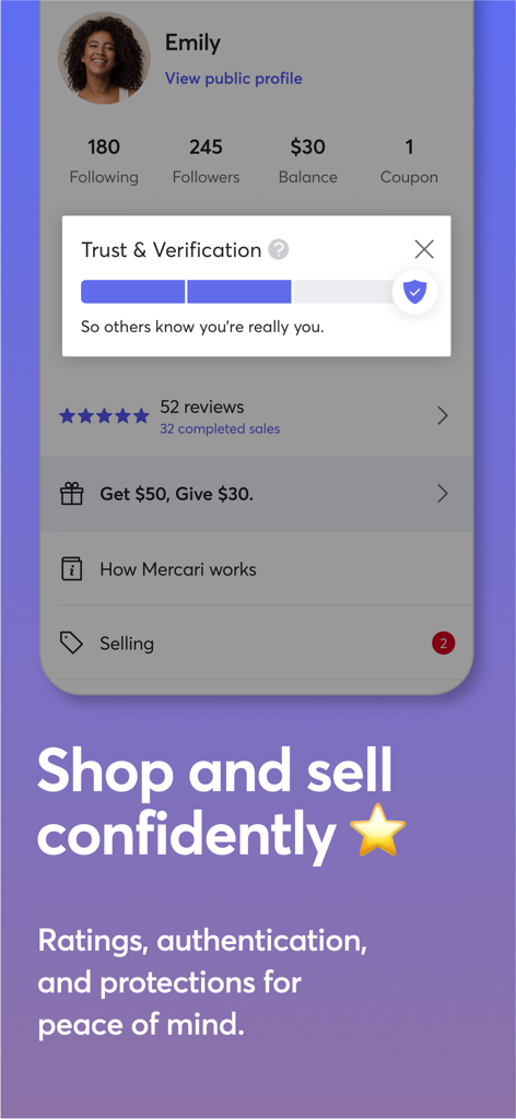 Mercari: Buying & Selling App - Mercari app user profile highlighting trust and verification features for confident buying and selling