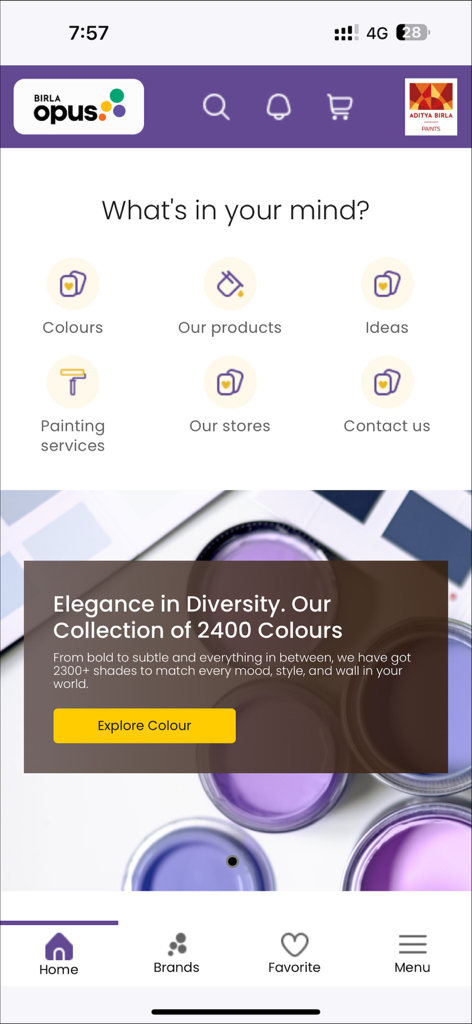 My Opus - Home screen of the My Opus app displaying paint colors and professional services