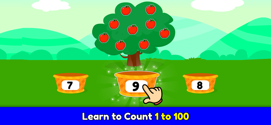 An educational math game for kids showing an apple counting activity with numbered baskets and an apple tree.