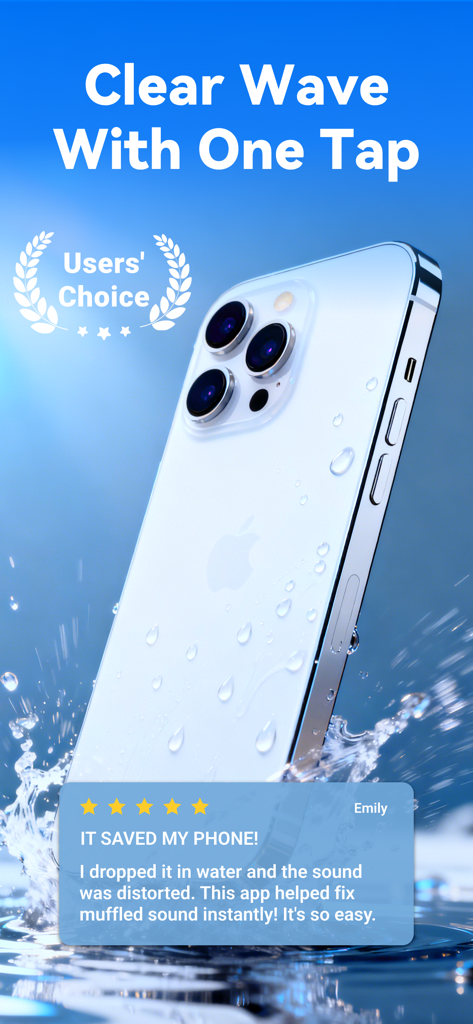 Water Eject ‧ Speaker Cleaner - iPhone with water droplets showing a five star user review for the Water Eject speaker cleaner app.