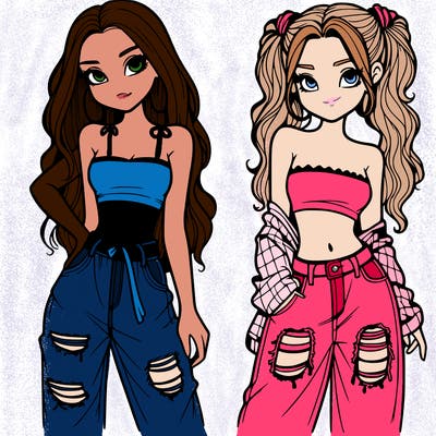 2 girls in crop tops and baggy jeans ripped