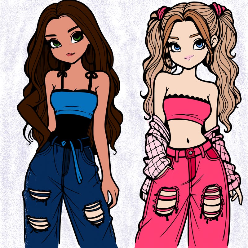 2 girls in crop tops and baggy jeans ripped