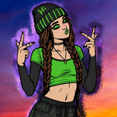 realistic teenage girl with braids and a beanie and crop top doing 🫶🏼