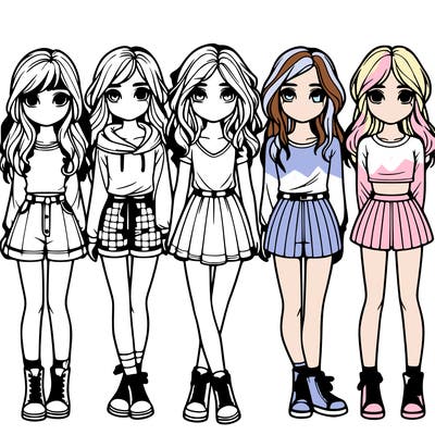 group of 6 realistic girls in a row
