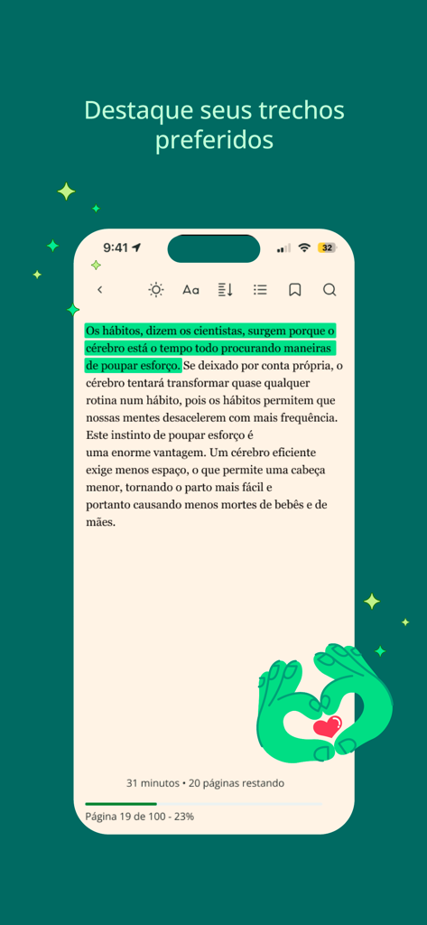 Mobiler Bildschirm der Skeelo App, der einen hervorgehobenen Absatz in einem E-Book mit benutzerdefinierten LeseEinstellungen anzeigt.