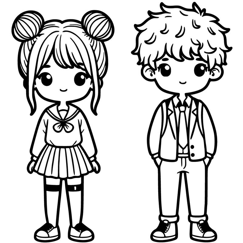 girl in a school outfit with buns standing next to a boy in a school outfit with messy hair