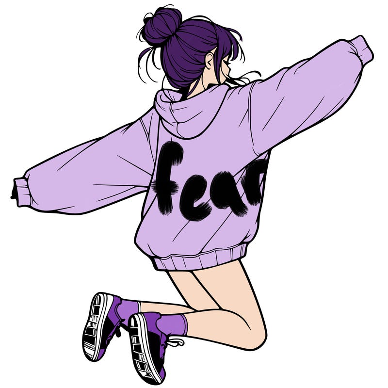 realistic girl jumping with a bun and oversized sweatshirt