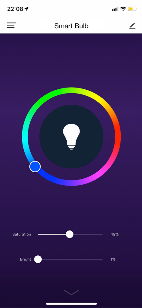 Smart bulb control screen in the Nexxt Home app featuring a color wheel with saturation and brightness sliders