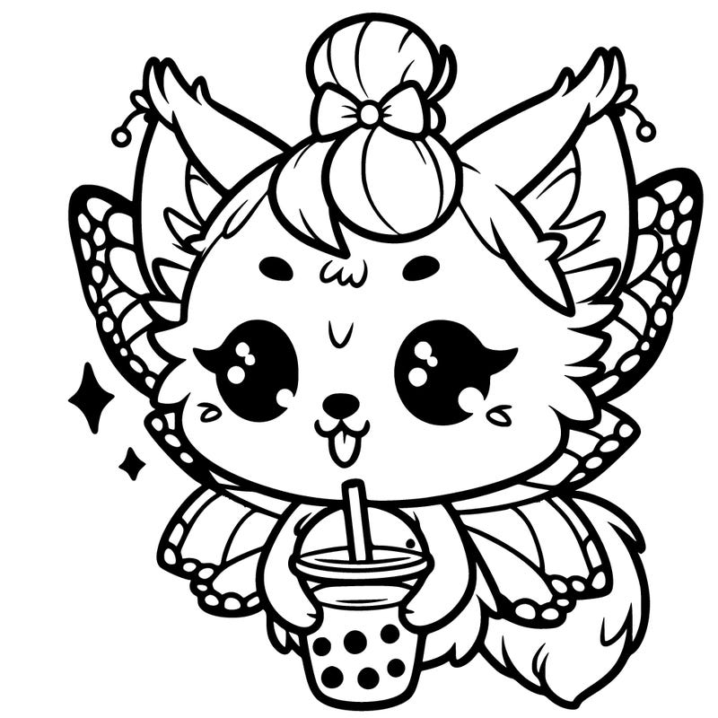 cute wolf girl with butterfly wings drinking boba with her hair in a bun