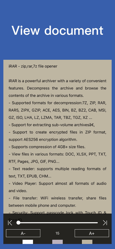 iRAR - zip,rar,7z file opener - Screenshot dell'app iRAR che mostra l'interfaccia del visualizzatore di documenti con funzionalità di lettura testo e un elenco di formati di file supportati.