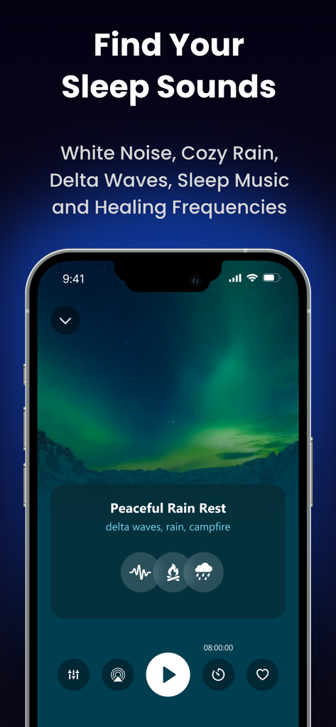 Sleep Dose: White Noise Remedy - Mobile app interface for Sleep Dose showing a sound mixer titled Peaceful Rain Rest over a starry night and aurora background.