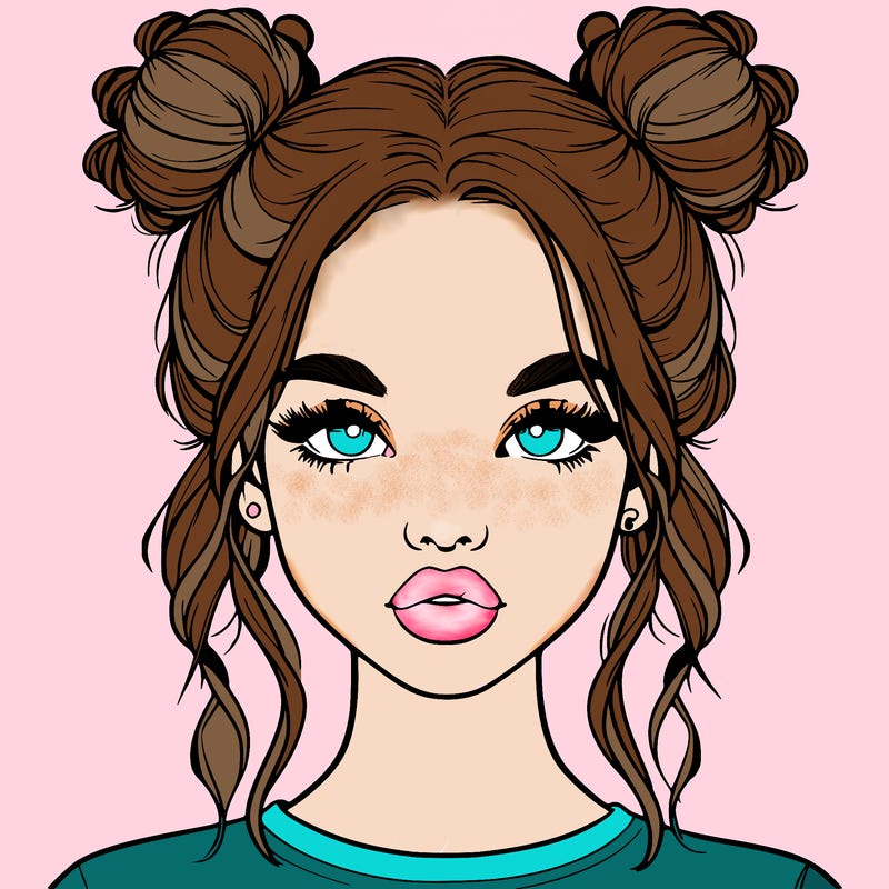 realistic girl with two buns in hair and lips