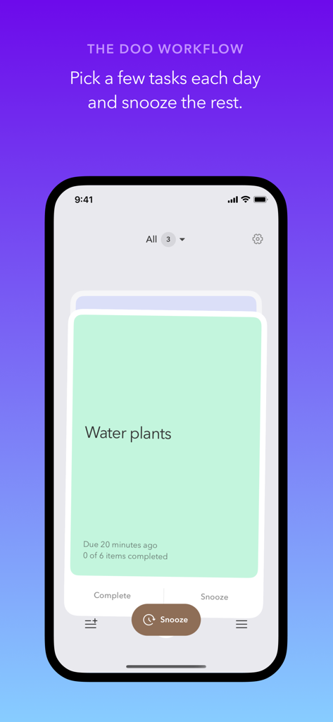 Doo app screenshot showing a card-based task management interface for watering plants