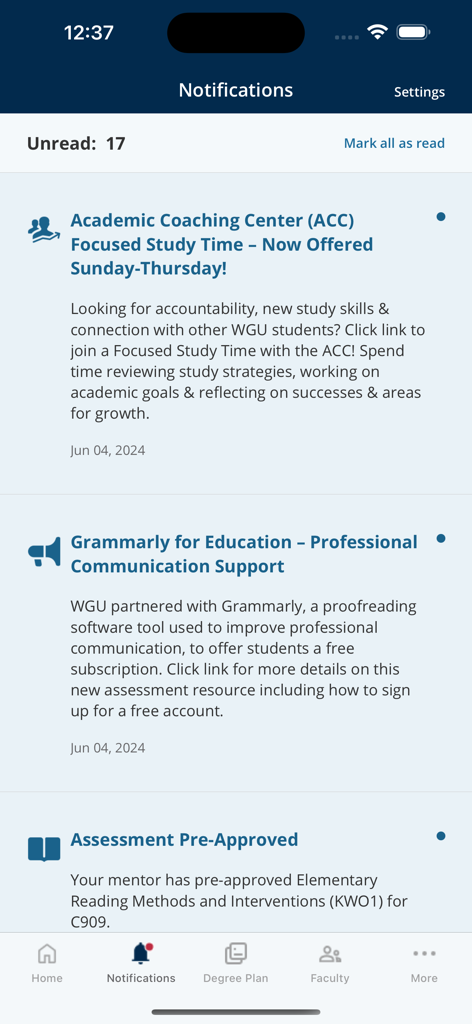 A screenshot of the myWGU app showing notifications for academic coaching and assessment approvals