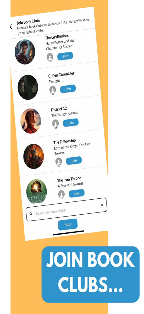 BookBase - A list of popular virtual book clubs to join on the BookBase app screen