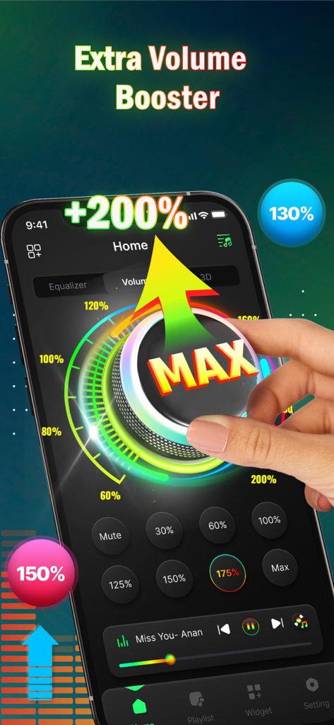 Tela do smartphone mostrando o aplicativo Volume Booster com uma mão girando um seletor para 200% de volume máximo.