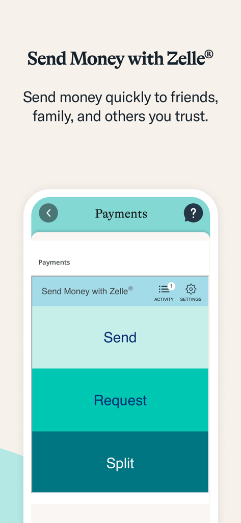 Central Pacific Bank - Central Pacific Bank app interface for sending requesting and splitting money with Zelle