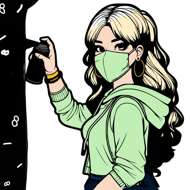 realistic girl with mask spray painting a wall