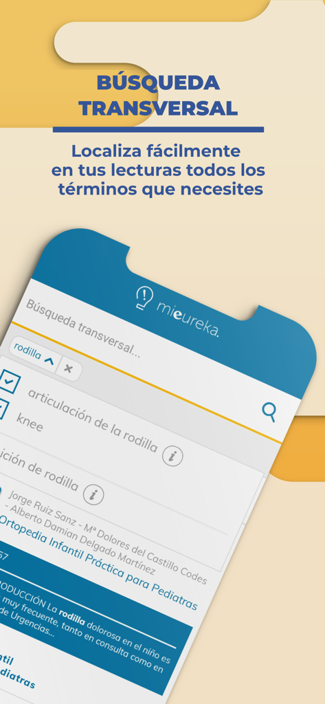 Mi Eureka app transversal search interface showing medical term results for knee in Spanish and English