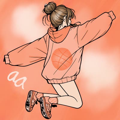 realistic girl jumping with a bun and oversized sweatshirt