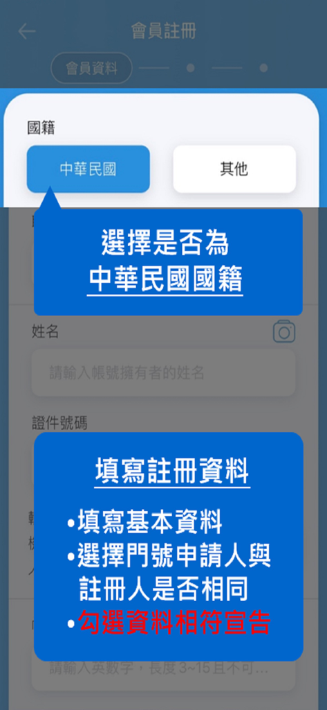 EZ WAY app member registration screen showing nationality selection for Taiwan customs authentication