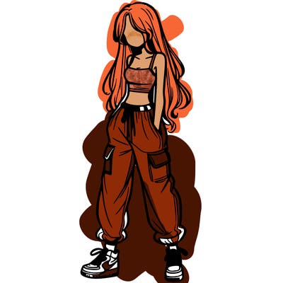 girl in baggy pants crop top and long hair