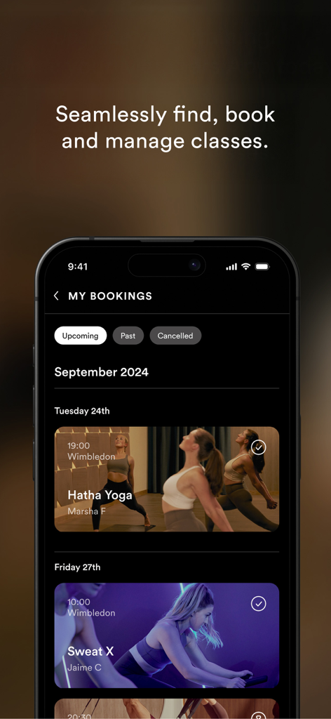 Third Space - Third Space app interface showing the My Bookings screen with scheduled fitness classes like Hatha Yoga and Sweat X.
