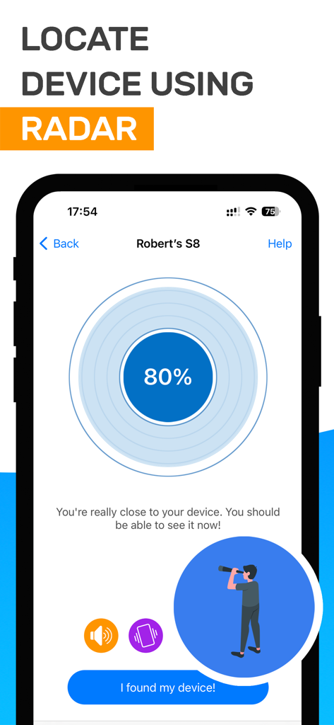 AirTracker - Find My Tracker - AirTracker app screen showing a signal radar at eighty percent proximity to locate a lost Bluetooth device